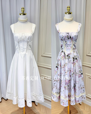 高定小众设计款法式蕾丝花边绑带褶皱抹胸印花大摆长裙度假连衣裙