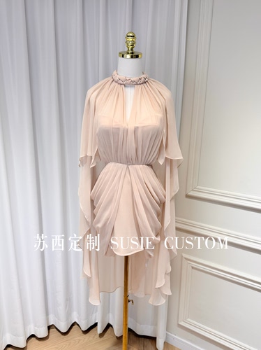 设计款千金风编织珠子立领带胸垫收腰褶皱包臀拼披肩礼服裙连衣裙