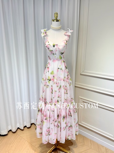 高定设计法式仙女款印花带胸垫蝴蝶结吊带收腰大摆度假长裙连衣裙