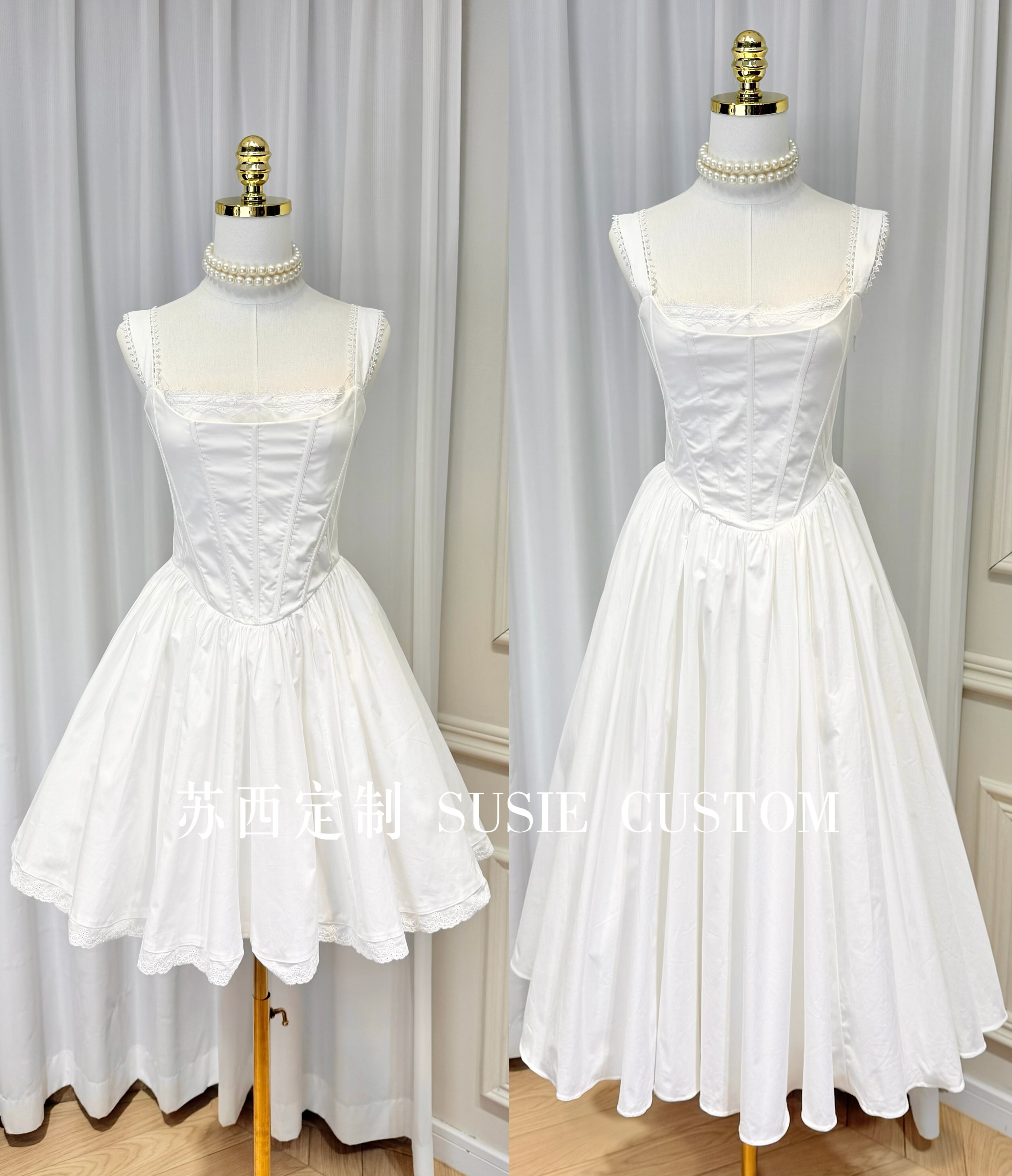 高定法式蕾丝花边鱼骨束腰背心吊带绑带蓬蓬裙小白裙生日礼服裙