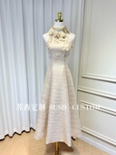 高定设计款 千金风串珠亮丝线蝴蝶结挂脖大摆长裙生日礼服裙 法式