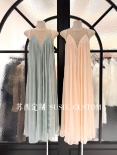 高定设计款 千金风水钻网纱拼接可绑带收腰大摆长裙度假礼服裙 法式