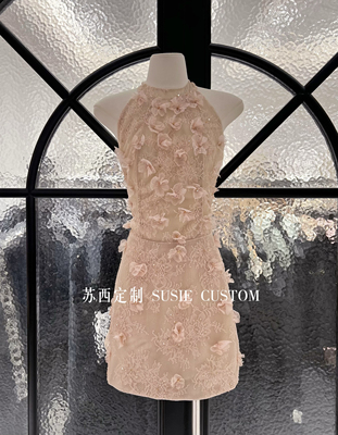 高定越南小众设计款微透立体蕾丝串珠花朵挂脖露肩收腰A字连衣裙