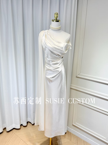 高定设计款气质仙女款斜肩露肩褶皱飘带缎面鱼尾长裙生日礼服裙