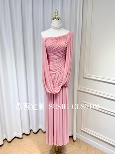 高级感显气质一字肩露肩不规则褶皱弹力软纱长裙度假礼服裙 设计款