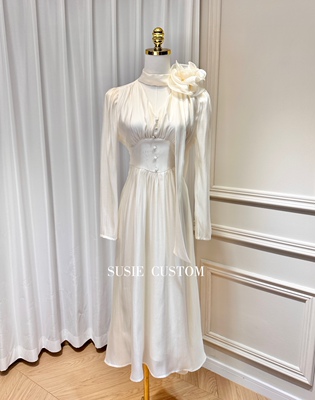 高定制复古法式显气质V领飘带绑带泡泡袖收腰大摆长裙配胸针花朵