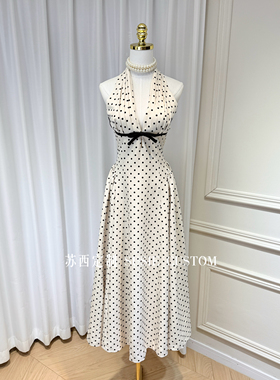 高定越南小众设计款波点深V领挂脖带胸垫露背收腰修身长裙礼服裙