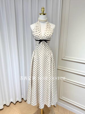 高定越南小众设计款波点深V领挂脖带胸垫露背收腰修身长裙礼服裙
