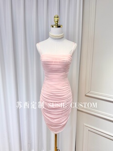 高定纯欲风显身材褶皱弹力软纱抹胸收腰修身包臀吊带裙内搭连衣裙