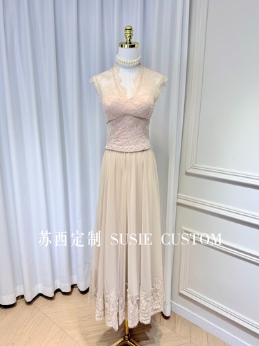 高定设计款法式显身材V领带胸垫蕾丝上衣松紧腰大摆网纱长裙套装