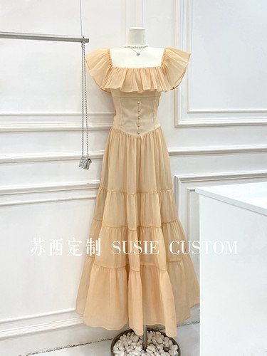 高定温柔仙女款一字肩荷叶边后背蝴蝶结大摆长裙生日度假礼服裙