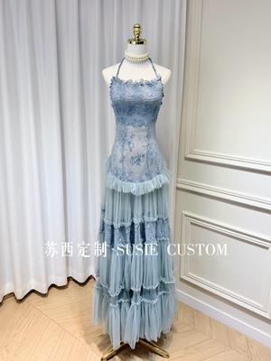 高定仙女款褶皱松紧抹胸挂脖露背蕾丝拼接木耳边纱裙旅游度假长裙