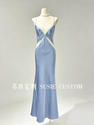 高定气质显身材深V领蕾丝花边拼缎面吊带鱼尾长裙生日度假礼服裙