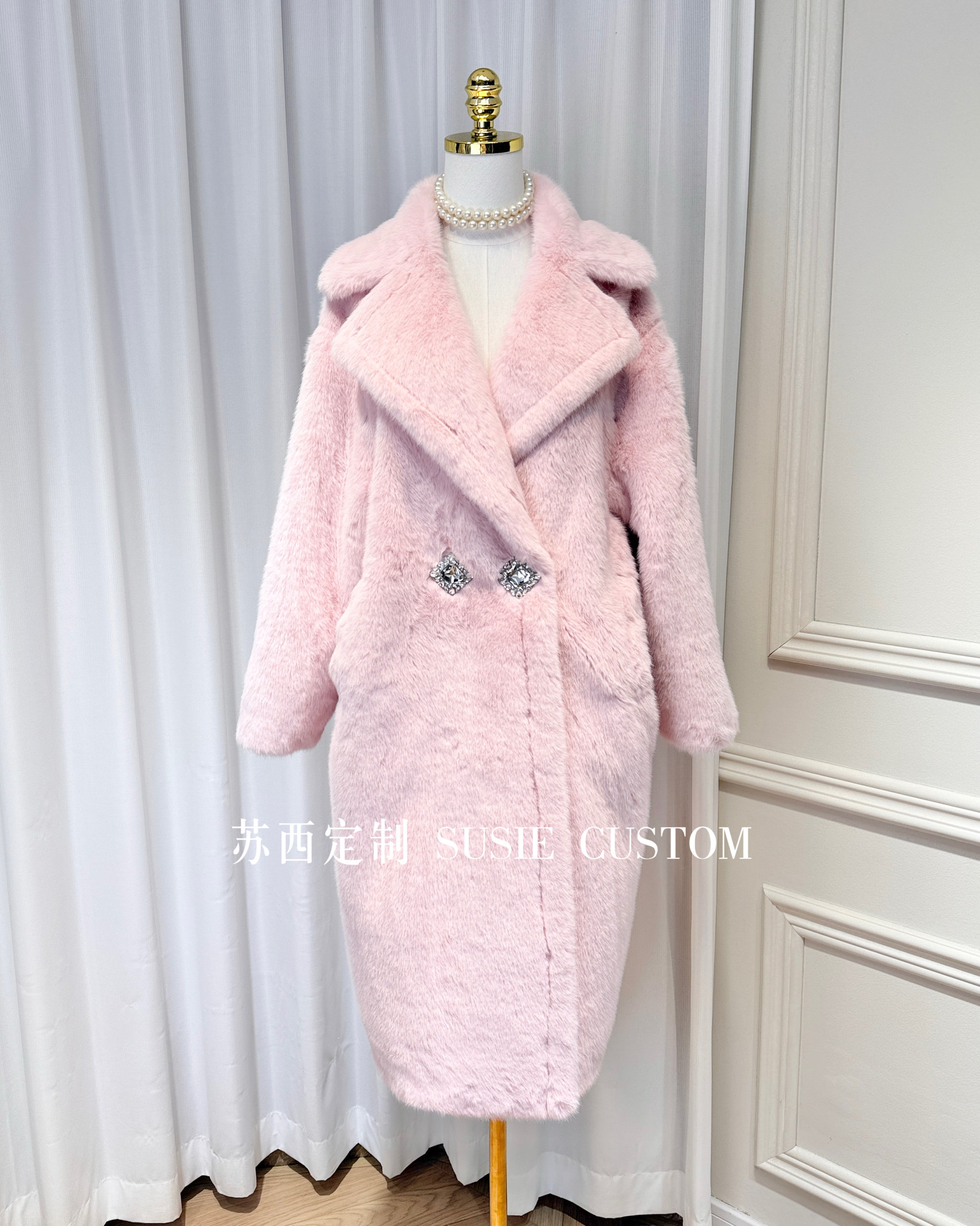 高定制气质泰迪熊仿貂毛人造皮草毛毛大翻领V领大颗钻扣大衣外套