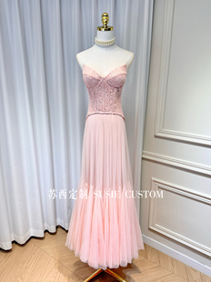 高定法式高级感带胸垫蕾丝胸衣大摆网纱抹胸拖地长裙礼服裙生日裙