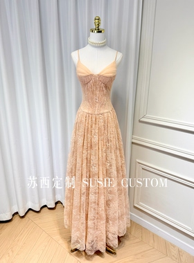 高定越南小众设计V领带胸垫撞色蕾丝亮片收腰大摆拖地长裙礼服裙