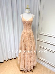 高定越南小众设计V领带胸垫撞色蕾丝亮片收腰大摆拖地长裙礼服裙