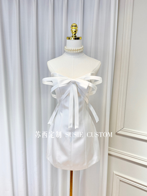 高定小众设计款甜美立体蝴蝶结抹胸带胸垫鱼骨收腰缎面生日礼服裙