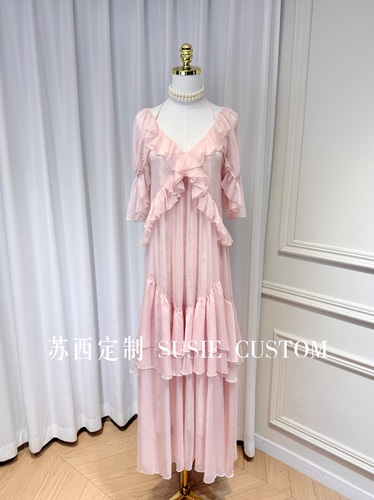 高定梦玲同款仙女风V领绑带荷叶边蕾丝底A摆大摆长裙度假出片长裙
