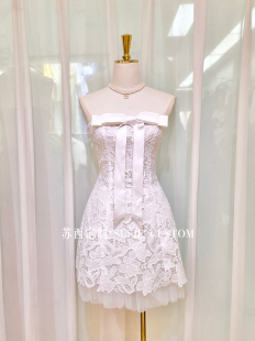 小众设计一字领抹胸缎面立体蝴蝶结水溶蕾丝网纱裙摆成人礼生日裙