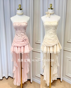 高定小众设计款 立体盘花亮片花朵抹胸收腰荷叶边燕尾后摆度假长裙