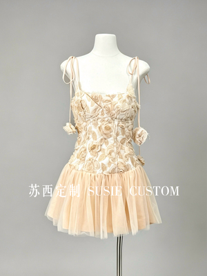 高定越南小众设计甜妹公主款花朵绑带收腰蓬蓬短裙生日度假礼服裙