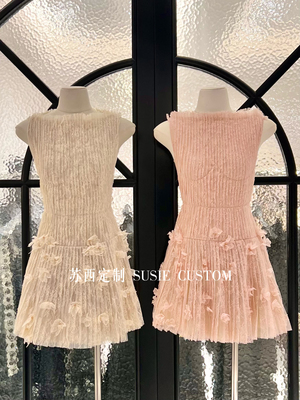 高定越南小众设计款重工手工蕾丝缝花一字立领百褶收腰A摆裙礼服