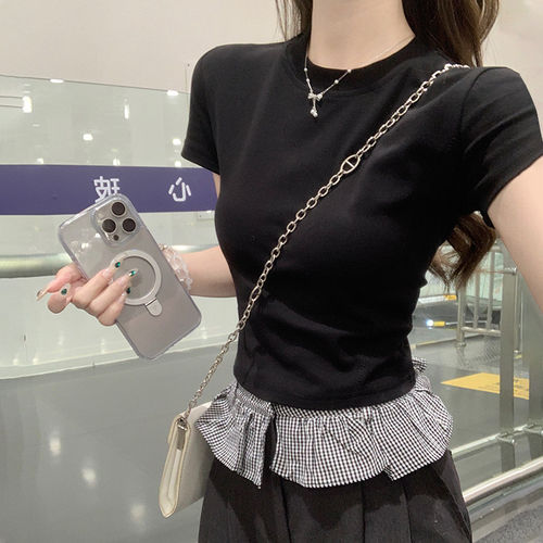 辣妹白色鱼骨明线线短袖