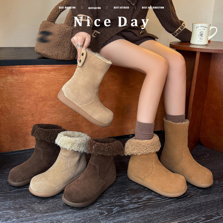 真皮两穿保暖雪地靴女2025秋冬新款厚底毛毛勃肯棉鞋复古加绒短靴