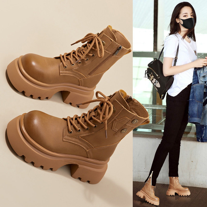 棕色复古马丁靴女英伦风2026秋冬新款厚底增高短靴真皮加绒棉鞋子