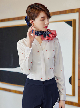 百搭V领白色印花衬衫制服衬衣上衣销售OL服务员前台工作服职业装