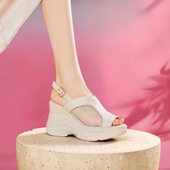 女2025夏季 新款 百搭不累脚厚底鞋 镂空网纱坡跟凉鞋 真皮鱼嘴高跟鞋