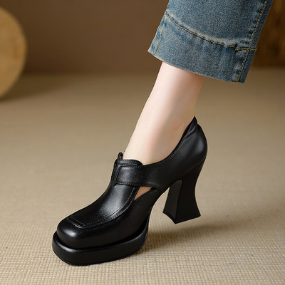 黑色通勤高跟鞋2026春季新款方头显瘦不累脚真皮防水台粗跟单鞋女
