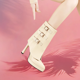 洋气炸街尖头裤管靴2025冬季新款防水台真皮显瘦高跟中筒靴女细跟