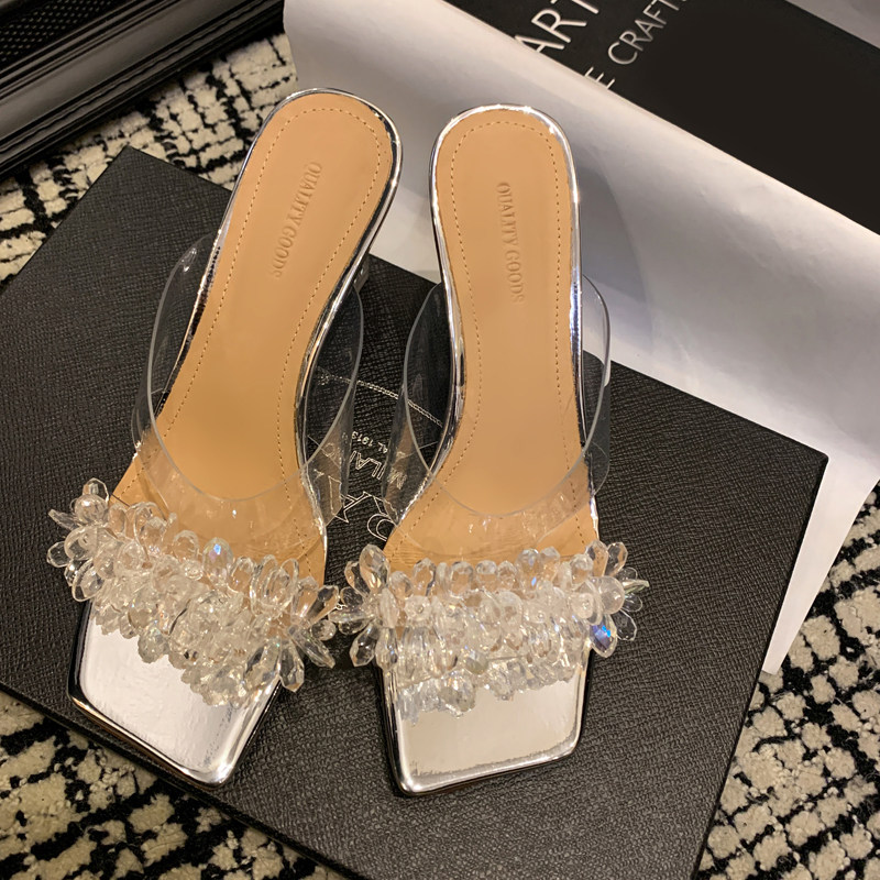 透明水钻时尚外穿凉拖鞋夏季女2025新款银色网红一字高跟凉鞋粗跟,女鞋,一字拖,淘宝优惠券,粉丝福利购,淘宝优惠卷
