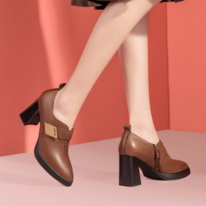 复古英伦风高跟鞋尖头深口防水台2025秋季新款厚底粗跟真皮单鞋女,女鞋,深口单鞋,淘宝优惠券,粉丝福利购,淘宝优惠卷
