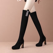方头粗跟弹力靴2025冬季 新款 磨砂水钻防水台过膝瘦瘦靴高跟长靴女