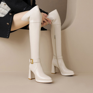 过膝长靴女粗跟真皮2025冬季新款时尚白色法式尖头靴子高跟长筒靴
