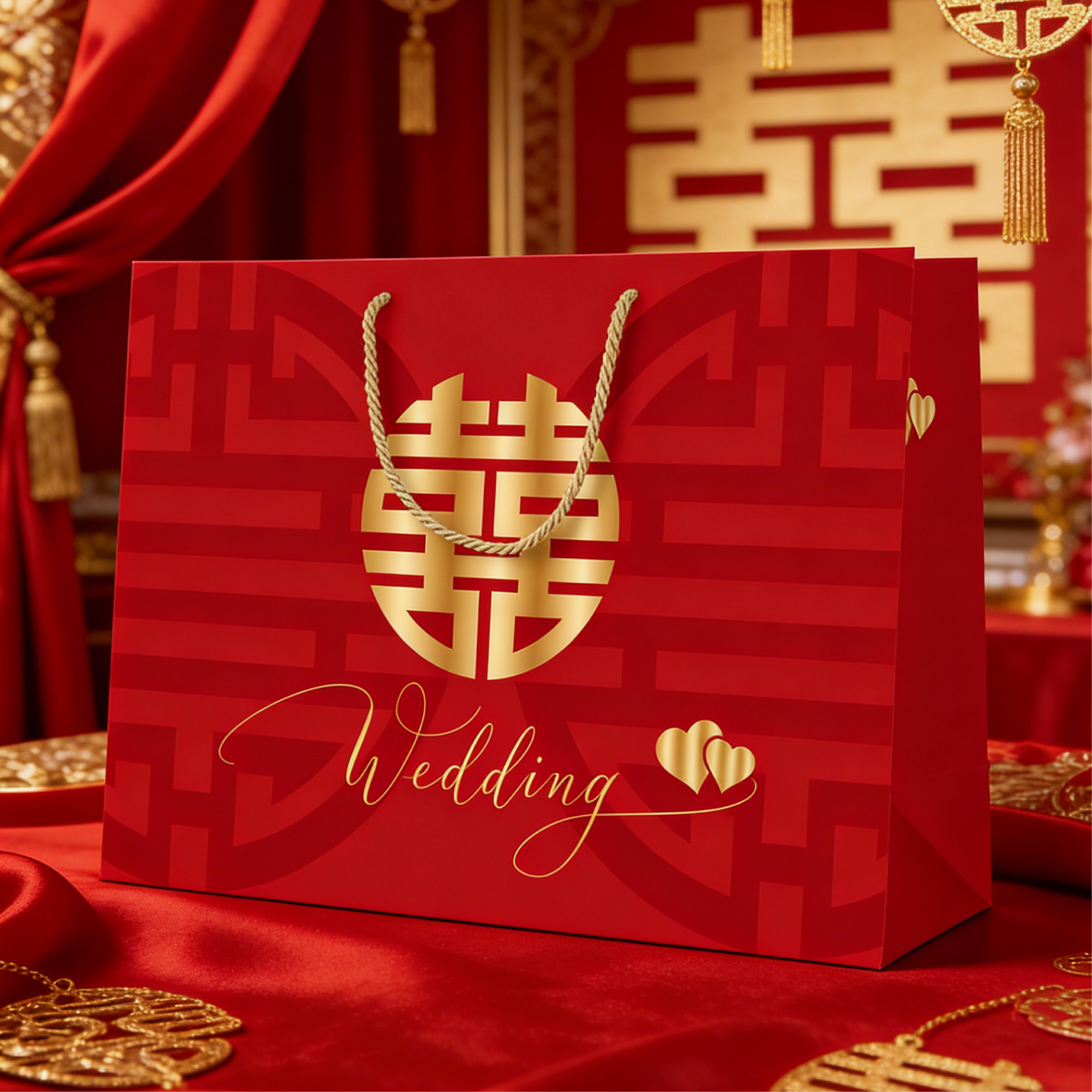 喜庆红礼品袋高档结婚四件套礼服鞋超大加厚中式婚礼手提纸袋批发