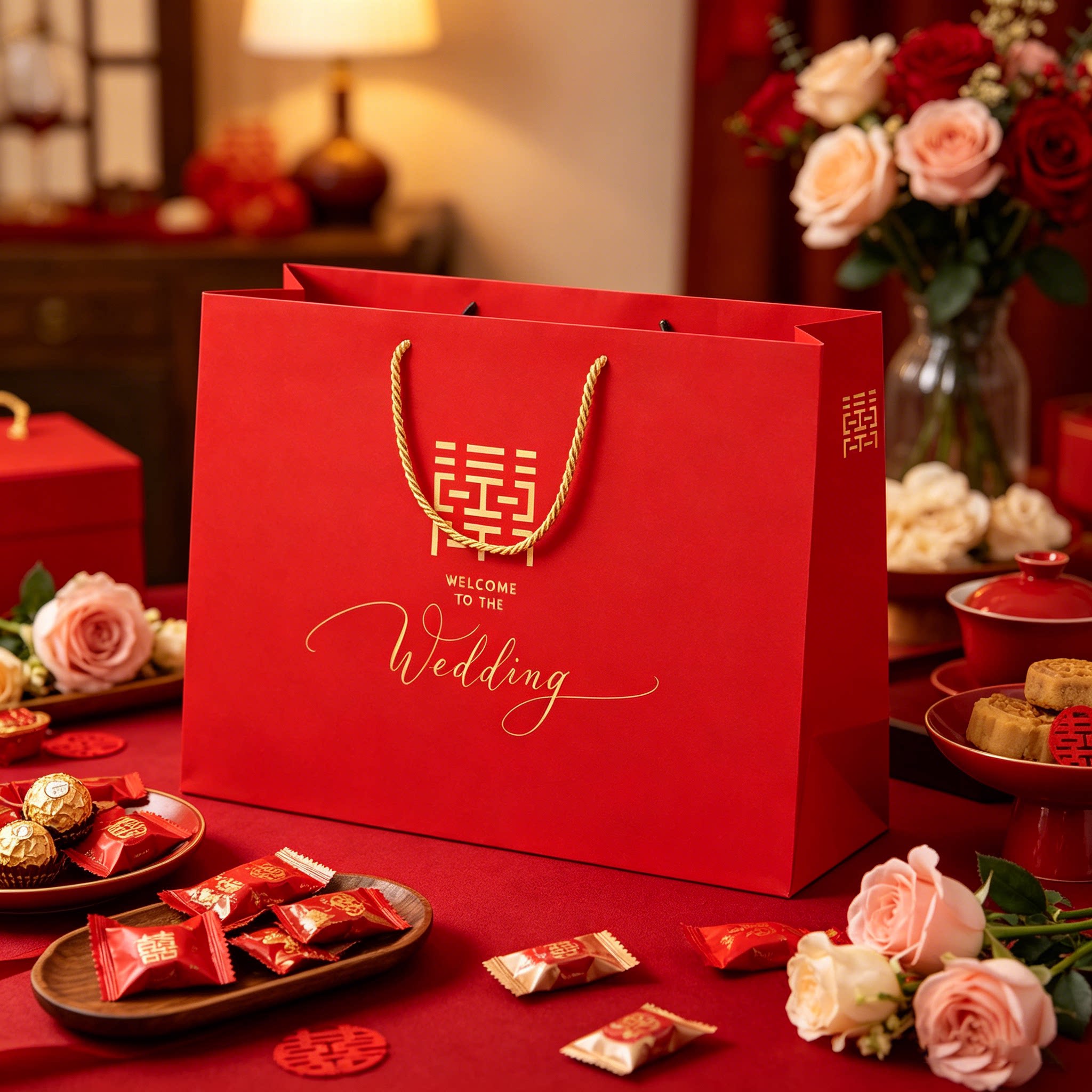 喜字高档礼品袋红色喜庆手提袋双喜临门结婚用品包装袋子订婚喜事