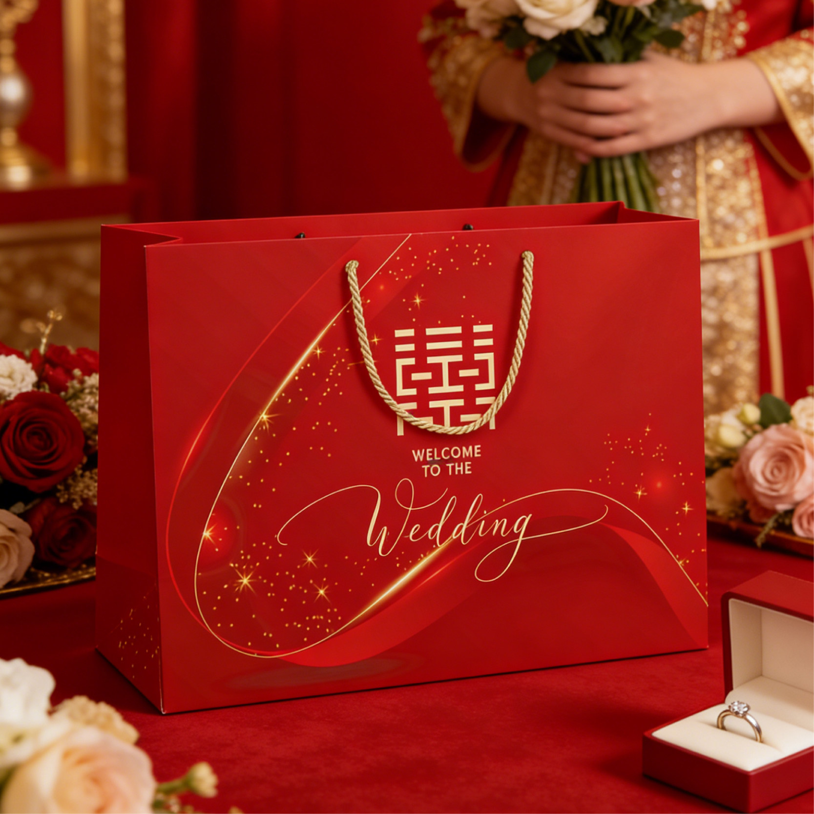 结婚喜庆手提袋红色高级包装袋婚庆礼品袋高档结婚用品伴手礼