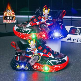 奥特曼男童鞋冬季2024新款加绒保暖儿童运动棉鞋红色发光男孩灯鞋