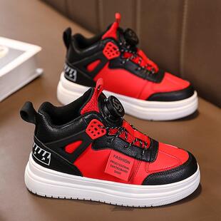 男童鞋子春款2025新款儿童红色运动鞋中大童旋转纽扣男孩高帮板鞋