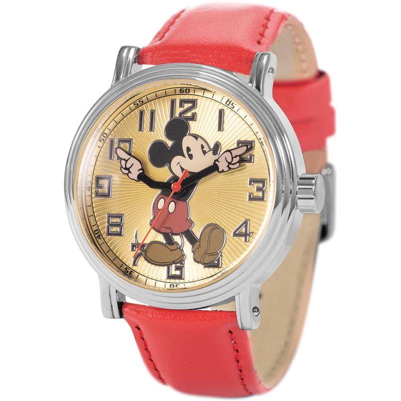 Disney/迪士尼Mickey Mouse机械表男款复古金色表盘红皮带