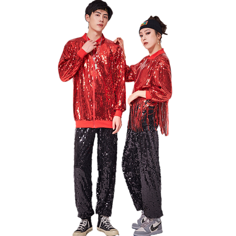 新款元旦领舞服嘻哈hiphop街舞女爵士演出服装长袖亮片开衫外套