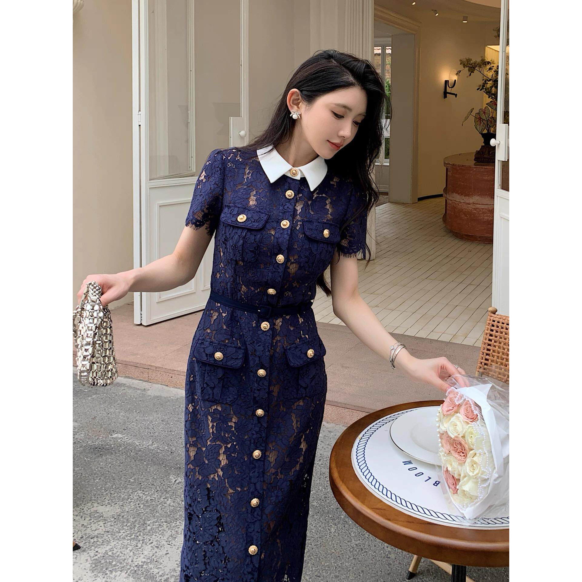 self-stride千金高级感长裙深蓝色蕾丝娃娃领优雅气质显瘦连衣裙