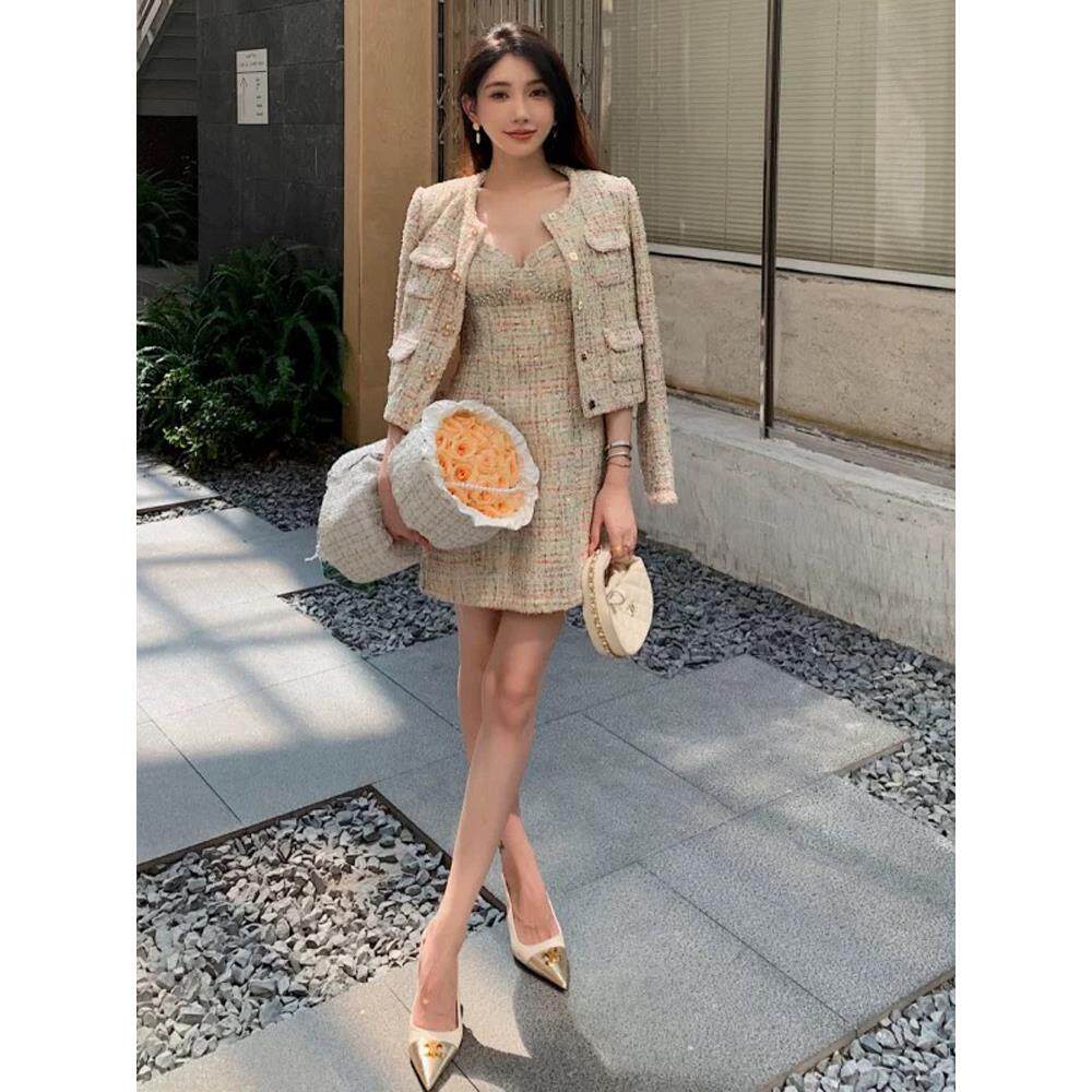 self-stride 2025玫瑰水晶粉粗花呢短款小香风千金圆领上衣外套