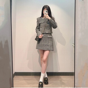 套装 self 人字纹毛呢羊毛混纺上衣外套半裙修身 2025新款 stride