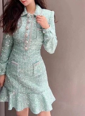 self-stride 2025新款绿色翻领亮片钻扣荷叶边连衣裙修身半身裙