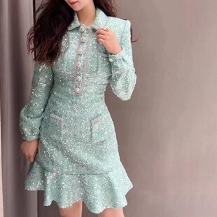 绿色翻领亮片钻扣荷叶边连衣裙修身 2025新款 半身裙 stride self